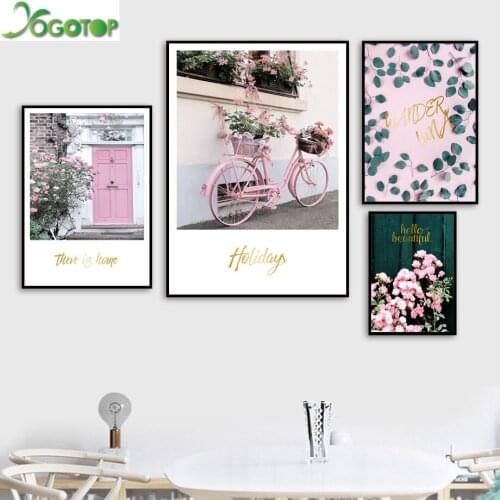 Pink Flower Leaf Bicycle Door Landscape Wall Art Nordic Diy Diamond Painting 5D Full Mosaic Diamond Embroidery rhinestone YY2204