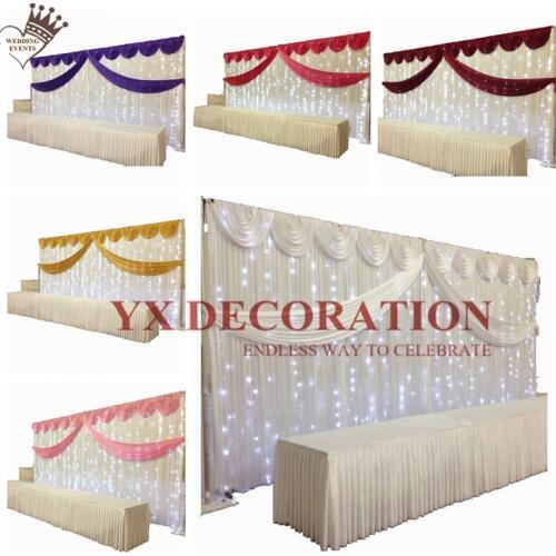 White Ice Silk Backdrop Curtain With Led Light Stage Background Include Top Swag Drapery Valance Event Decoration
