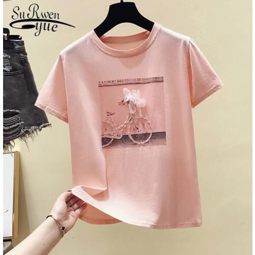 Camisetas Feminina 2021 Summer Short Sleeve Pink Shirt Shirt Women Tops Print Ladies Shirt Fashion O-neck T Shirt Blusas 4767 50