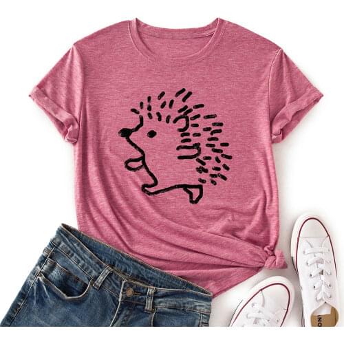 Women Crew Neck Short Sleeve Casual Summer T-shirts Hedgehog Graphic Tee Shirts Tops Female Clothes Streetwear Shirts