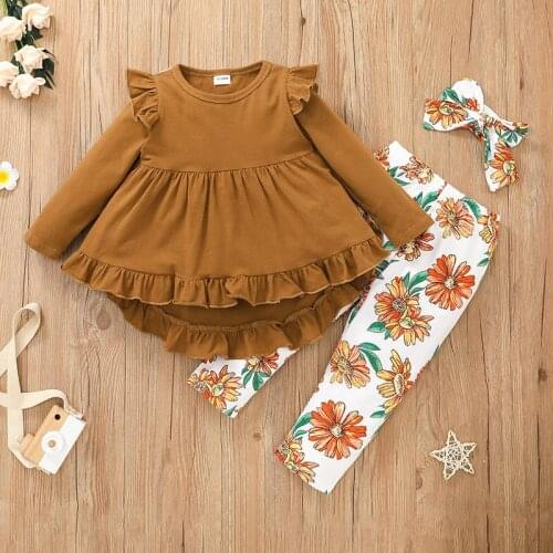 Baby and Toddler Clothing Set Girls Skirt Set 2021 Fall Long Sleeve Skirt Top + Printed Trousers + Headband 3PCS