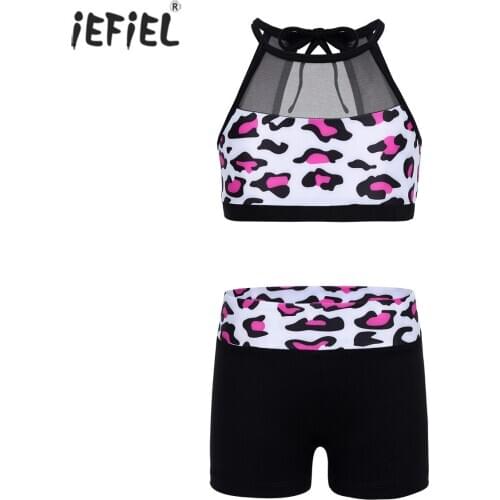 Kids Girls' Polka Dots Strappy Top Bra with Shorts Set Mesh Spliced Ballet Dance Workout Sport Gymnastics Leotard Outfit Set