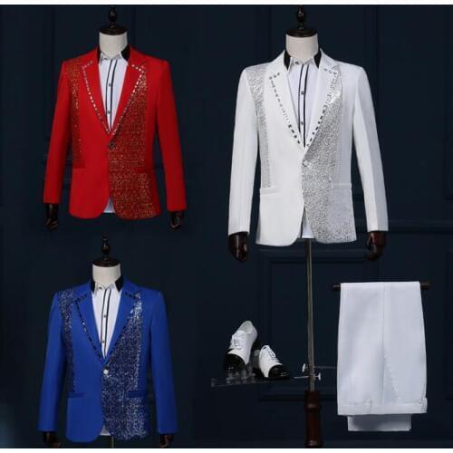 Singer star style dance stage clothing for men sequins suit set with pants mens wedding suits costume groom formal dress red