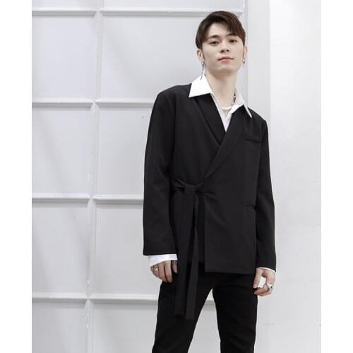 Mens Blazer Suit Spring And Summer New Thin Jacket Loose Belt Decoration Large Size Black Small Clothes Casual Dance Costumes