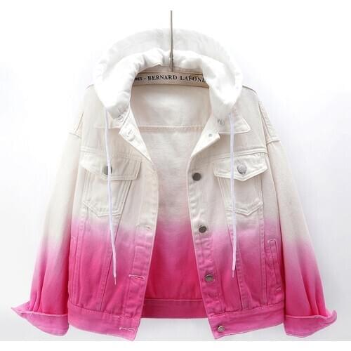 Color Gradient Hooded Denim Jacket Women Clothes 2021 Spring Autumn New Fashion Short Jeans Coat Ladies Loose Outerwear H1171