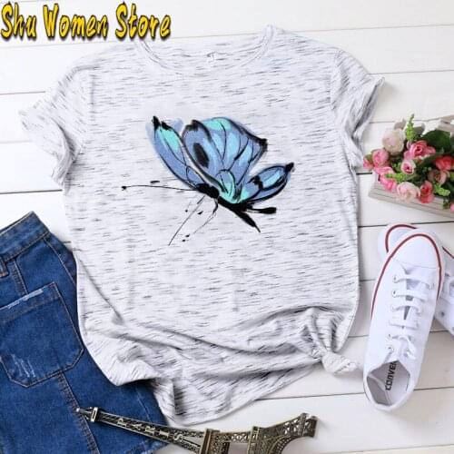 Summer Cotton T Shirt Women Butterfly with Inspirational Words Graphic Tees Plus Size Short Sleeve Tshirts Streetwear Tops