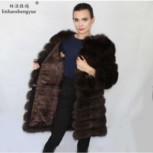 Linhaoshengyue 2016Real Fox Fur Coat with Sleeve 60cm Winter Warm Freeshopping Women Coat
