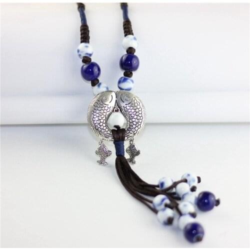 Fashion Retro Ceramic Beads Tassel Pendant Necklaces For Women Ethnic Style Sweater Chain Jewelry Accessories