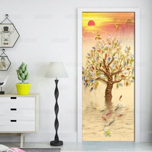 Door Sticker Sunrise Golden Rich Tree Living Room Bedroom Door Wallpaper PVC Self Adhesive Wall Decals Imitation 3D Wall Sticker
