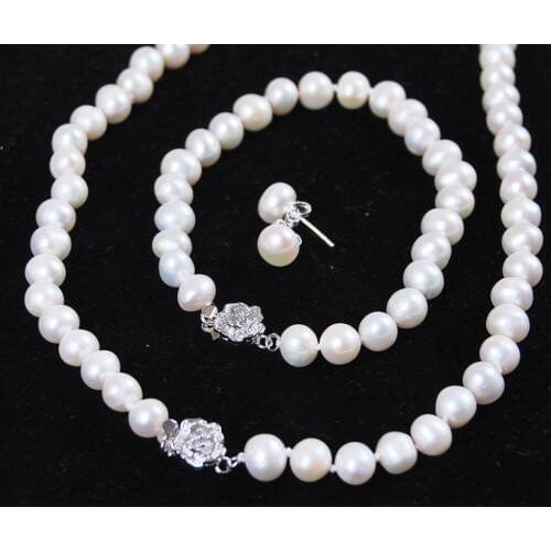 NEW 7-8mm White Freshwater Cultured Pearl Bracelet Necklace Earrings Set>free shipping
