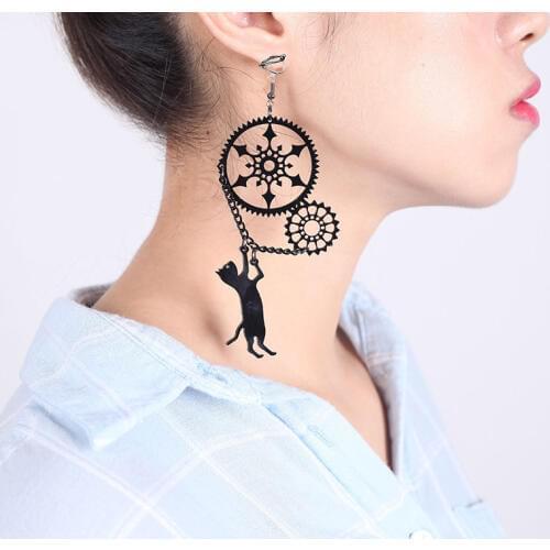 JIOFREE New product Handmade black Acrylic Cat Earrings high quality Clips on Earring Without Piercing Earrings for Women gift