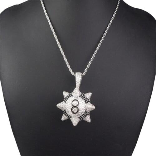 New Iced Out Spike Black 8-Ball Billiard Pendant Necklace With Miami Cuban Chain Hip Hop Rapper Jewelry Gifts
