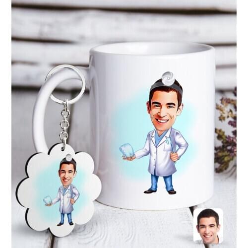 Personalized Men 'S Dentist Caricature Of White mug And Keychain Gift Seti-3