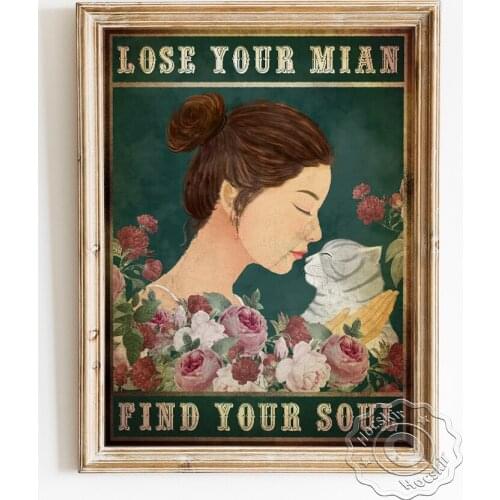 People Animal Loving Interaction Poster, Vintage Flowers Illustration Wall Picture, Lovely Cat Pretty Girl Home Decor Art Prints