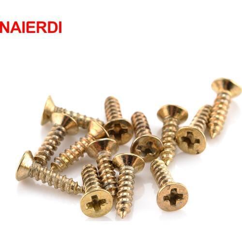 100PCS NAIERDI 2x6/8/10mm Screws Nuts Golden M2 Flat Round Head Fit Hinges Countersunk Self-Tapping Screws Wood Hardware Tool