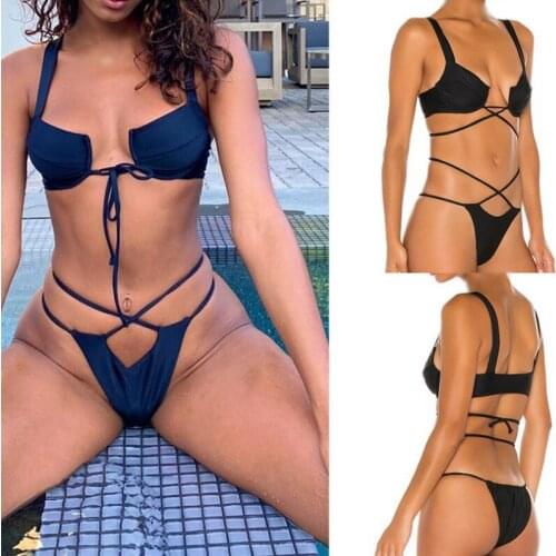 Sexy Brazilian Thong Bikini Mujer Swimwear Women 2021 Bandage Solid Swimsuit Micro Bikini Set Summer Beachwear Swim Suit