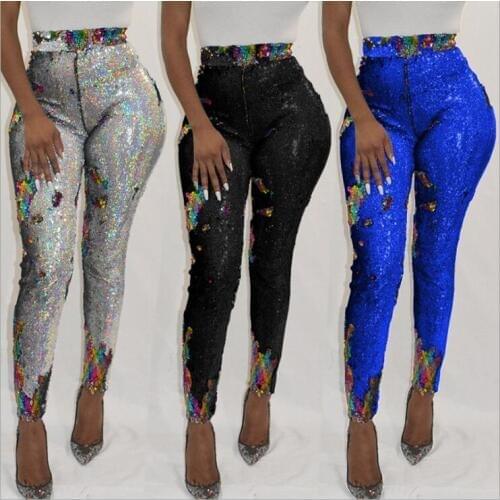 Club party sexy reflective camo pants harajuku sequin hip hop Discoloration high waist joggers sweatpants summer women