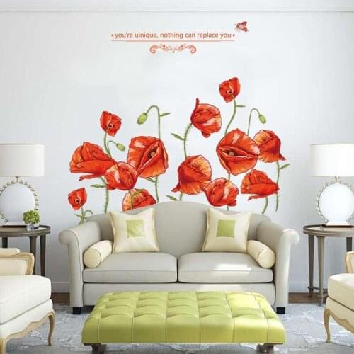 Modern Wall Stickers Flowers Red Living Room Bedroom Decor Aesthetic Removable Art Wall Decals Waterproof Mural Room Decoration