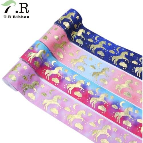 T.R RIBBON 3 inch 75mm laser gold unicorn printed grosgrain ribbon for ribbon bows