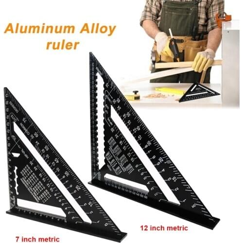 7/12 inch Metric Angle Ruler Woodwork Speed Square Triangle Angle Protractor Black DIY Aluminum Alloy Triangular Measuring Ruler