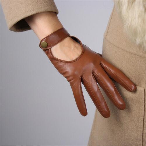 WomenS Touch Screen Leather Gloves Sheepskin Locomotive Showing The Back Of The Hand Brown Short Dark Button Silky Nylon Lining