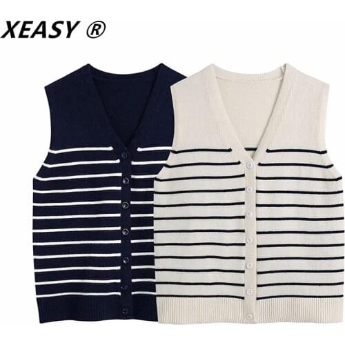 XEASY Women 2021 Fashion Single Breasted Striped Knitted Vest Sweater Vintage V Neck Sleeveless Female Waistcoat Chic Tops