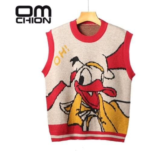 OMCHION 2021 Spring New Korean O Neck Tank Pullover Cartoon Jacquard Sleeveless Knitted Vest For Women Loose Sweater Tops BN76