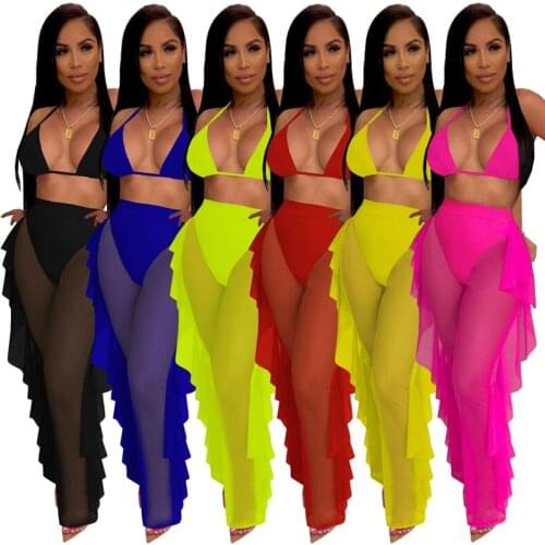 ZKYZWX Mesh Sheer Two Piece Swimsuit Summer Outfits for Women Backless Crop Top Bodycon Pants Beachwear Sexy Club Bikinis Set