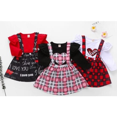 Infant Kid Baby Girl Skirt 2Pc Valentine Outfit Suit Sweet Heart Long Sleeve T-shirt Plaid Overall Suspender Skirt Spring Autumn