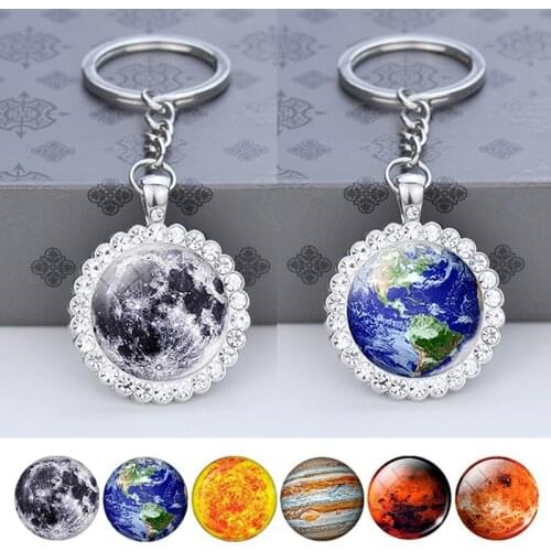 Solar System Planet Keyring Galaxy Nebula Keychain Moon Earth Jupiter Sun Saturn Glass Rhinestone Key Chain Pendant