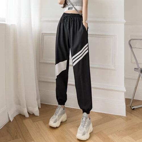 Ice silk sports pants womens summer thin striped high waist loose quick-drying running yoga casual tide beam leg harem pants