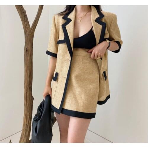 Patchwork short-sleeved suit two-piece button mid-length summer top + mini irregular skirt 2 Korean retro casual