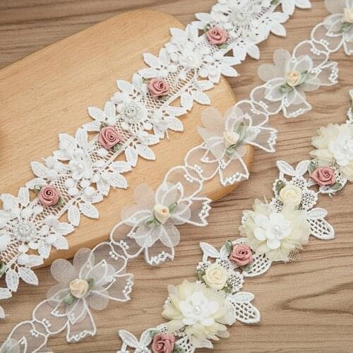 L93F 1 Yard Rose Flower Embroidery Lace Trim Ribbon Vintage Faux Pearl Beaded Appliques Bridal Ornaments DIY Sewing Supplies