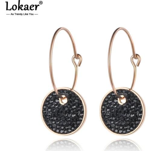 Lokaer Stainless Steel Hoop Earrings White & Black Round Clay Crystals Rose Gold Color Party Jewelry Wedding Gift E18459