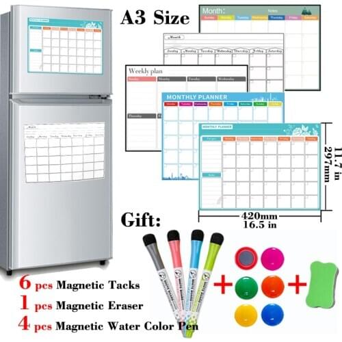 A3 Size Magnets Dry Erase Calendar Whiteboard Calendar for Wall Weekly Monthly Planner Fridge Sticker Marker Eraser Tacks