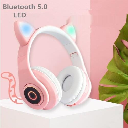 B-039 LED Cat Ear Headphones Bluetooth 5.0 Wireless Headset Support TF Card 3.5mm Plug Earphone With Mic Young People Kids Gift