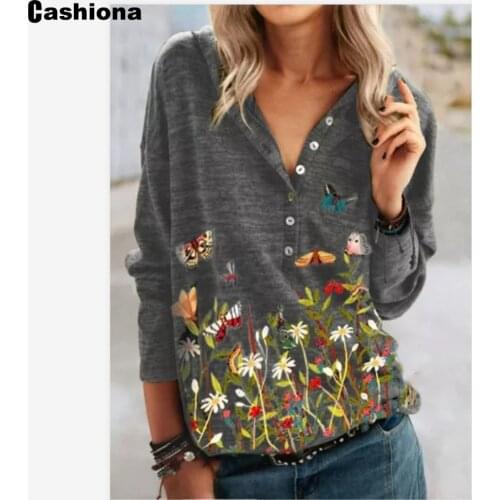 Cashiona 2021 New Spring Autumn Boho Flower Print Tops Long Sleeve T-Shirt Womens Eleagnt Casual Loose Tee Shirt Femme Clothing