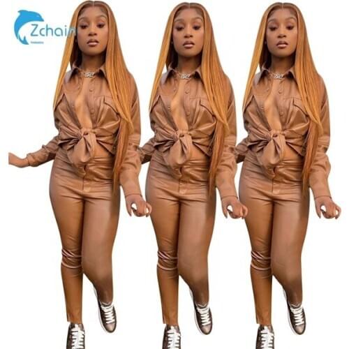 New arrival Amazon Hot Sale Fashion Casual Pure Color Pocket Jacket PU Two-piece pant sets