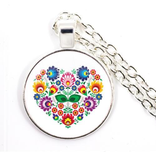 Ethnic Polish Folk Art Pattern Glass Cabochon Necklace Bohemia Fashion Flower Print Round Jewelry Pendant For Women Men Gift