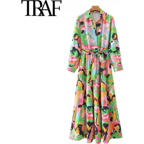 TRAF Women Fashion With Belt Floral Print Midi Shirt Dress Vintage Long Sleeve Button-up Female Dresses Vestidos Mujer