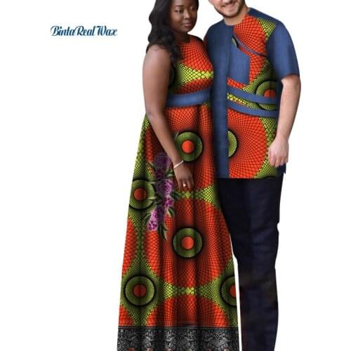 African Print Patchwork Dress for Women Bazin Riche Mens Top Shirt Couple Clothing African Lovers Couple Party Clothes WYQ493