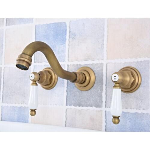 Basin Faucets Wall Mounted Bathroom Sink Basin Mixer Tap Faucet 3 Pcs Antique Brass Dual Handle Bathroom Faucet zsf529