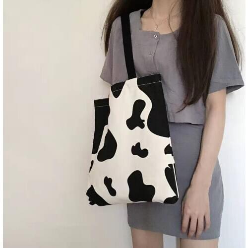 Shopping Bags Women Cow Color Canvas Harajuku Sweet Girls Korean Leisure Popular Simple Chic Shopper Female Utility Ladys Bag