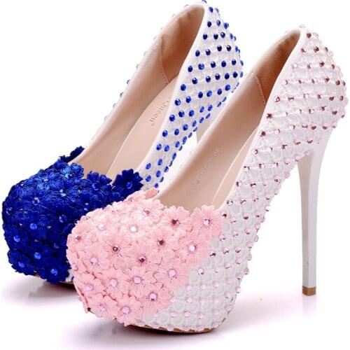 Crystal Queen White Lace Flowers Women High Heels Shoes Round Head Paltform Bridal Shoes Wedding Shoes Bow Ties Two Pieces Pumps
