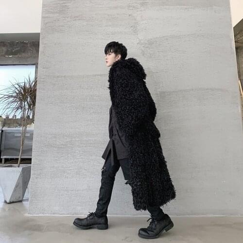 Street Style Faux Lamb Wool Coat Men Over The Knee Long Faux Lamb Wool Coat Plush Cotton Padded Coat