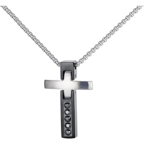 Stainless Steel Vintage Black Cross Punk Rock Cubic Zirconia Stone Cross Necklace Pendant Church Christ Bless Jewelry Gift