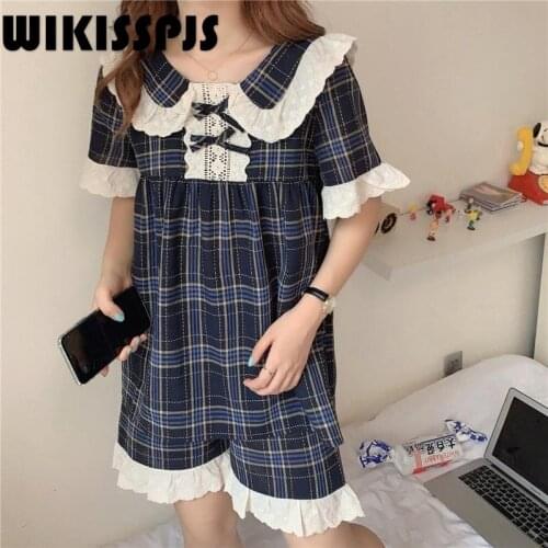 WIKISSPJS 2021 Summer New Sweet Plaid Baby Collar Lace Home Clothes Pajamas for Women Lounge Sets Bedroom Set Shorts