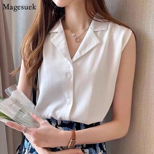 Single-breasted White Shirt Women 2021 New Sleeveless Summer Shirts Chiffon Blouse Suit Collar Plus Size Ladies Tops 4XL 10128