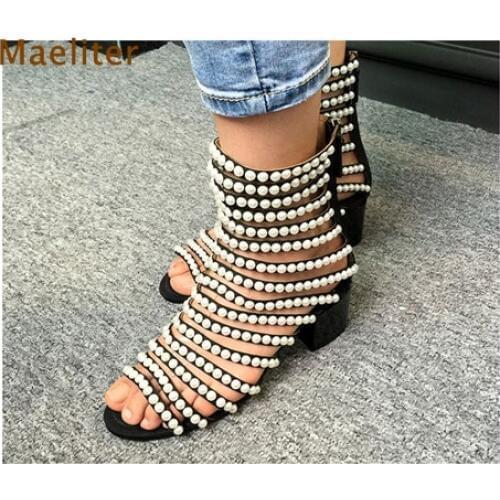 Maeliter Newest Arrival White Pearl Sandals Low Heel Dress Shoes Glossy Jewelry Back Zipper Sandal Boots Concise Beaded Shoes
