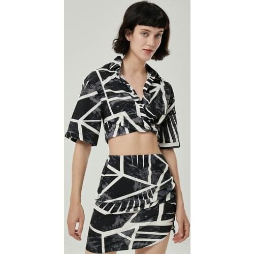 2021 New Summer Women 2 Pieces Set Print Cropped Shirt and Pleated Mini Skirt Chic Lady Fashion Casual Women Shirt & Skirt Suit